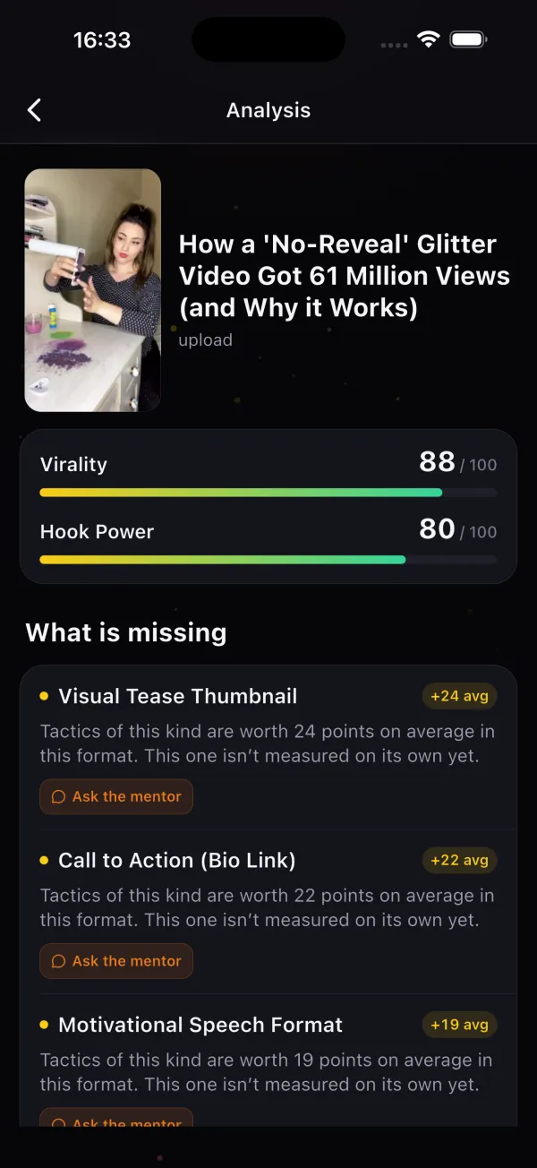 Blossom analysis: virality 88 of 100, hook power 80, and the list of what is missing.