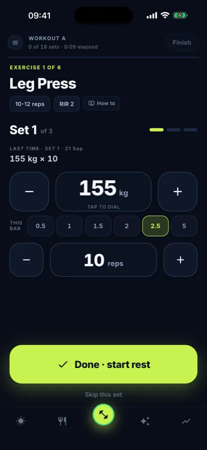 A running Heracles session: Leg Press, set 1 of 3, 155 kg and 10 reps prefilled from last time.