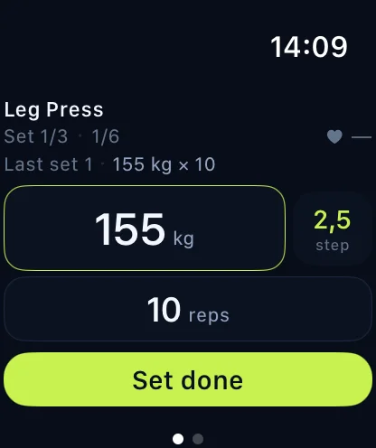 Apple Watch mid set: Leg Press, 155 kg and 10 reps, with a Set done button.